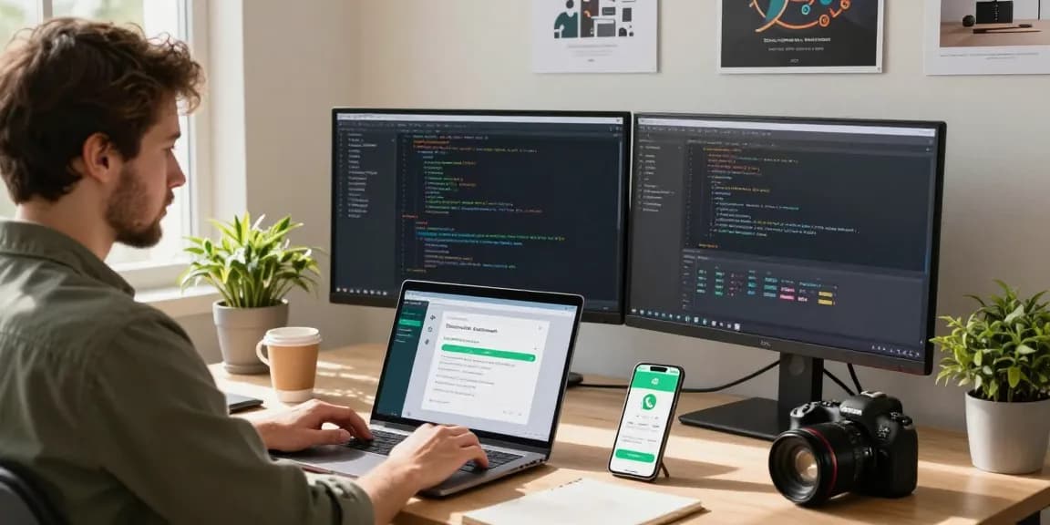 Developer enhancing WhatsApp下載 experience in a bright home office.