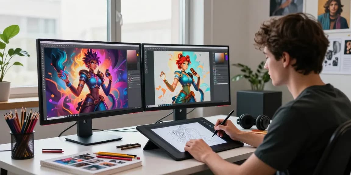Creating ai nsfw art in a vibrant digital studio with dual monitors and artistic tools