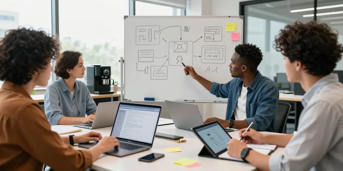 Team collaborating to build internal tools with AI in modern workspace, showcasing innovation and teamwork.