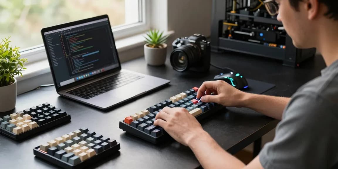 Expert crafting a vibrant 75% keyboard in a modern workspace.