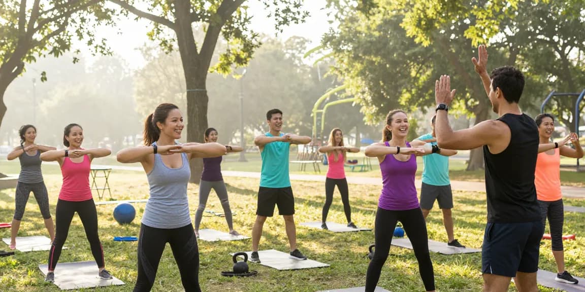 Group workout session with people using health trackers in a sunny park