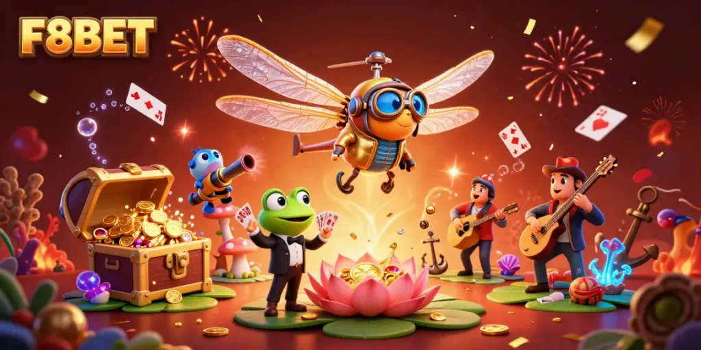 Engage in thrilling gaming adventures with F8BET's vibrant online casino scene featuring animated characters and festive elements.