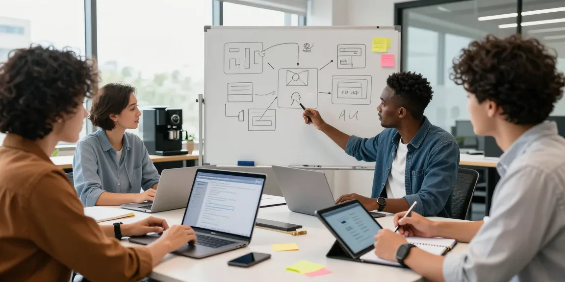 Team collaborating to build internal tools with AI in modern workspace, showcasing innovation and teamwork.