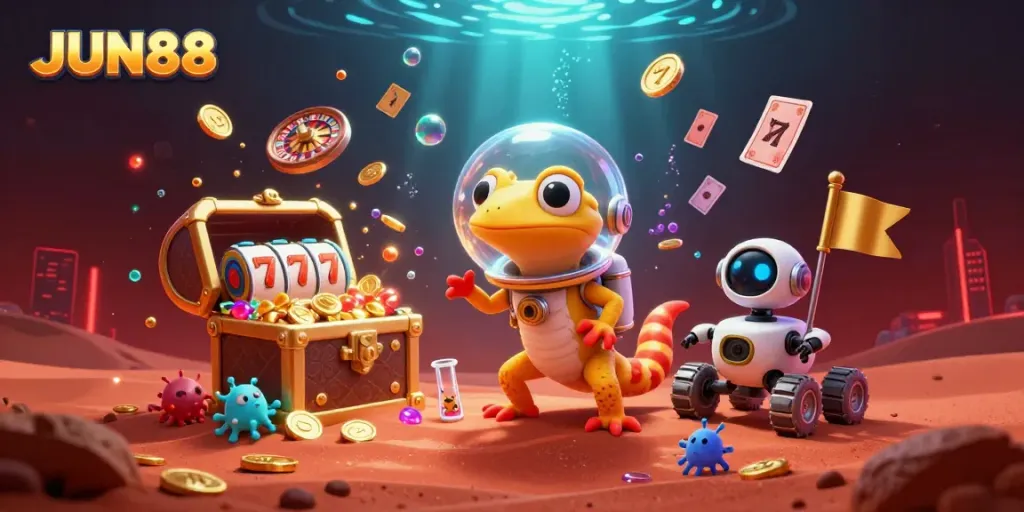 Experience the thrilling JUN88 Martian casino adventure featuring vibrant games and alien characters.