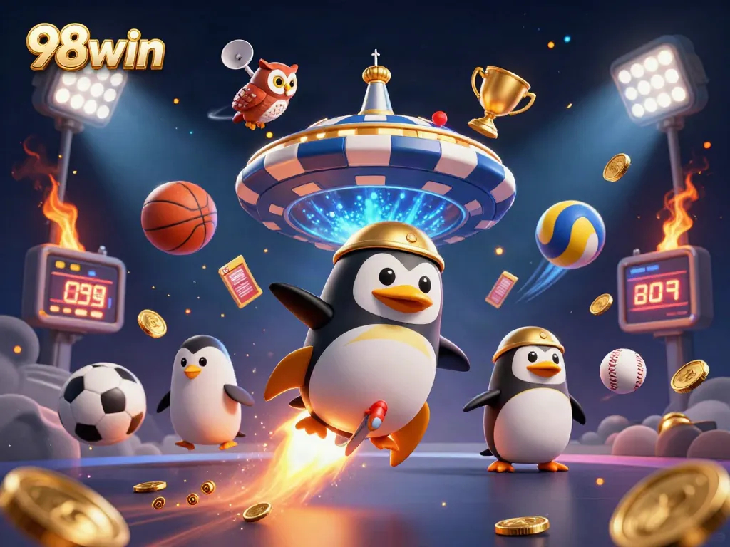 Experience the excitement of 98win as the golden penguin blasts toward a giant poker chip casino.
