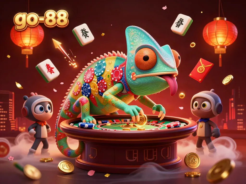 Win big at go-88 casino with the chameleon character collecting coins amidst vibrant gaming elements.