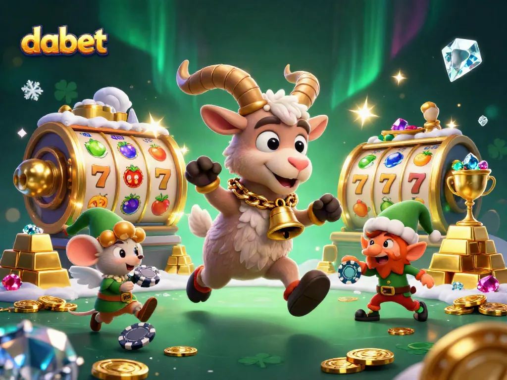 Play at DABET casino with the festive Krampus and cheerful characters enjoying a vibrant gaming experience.
