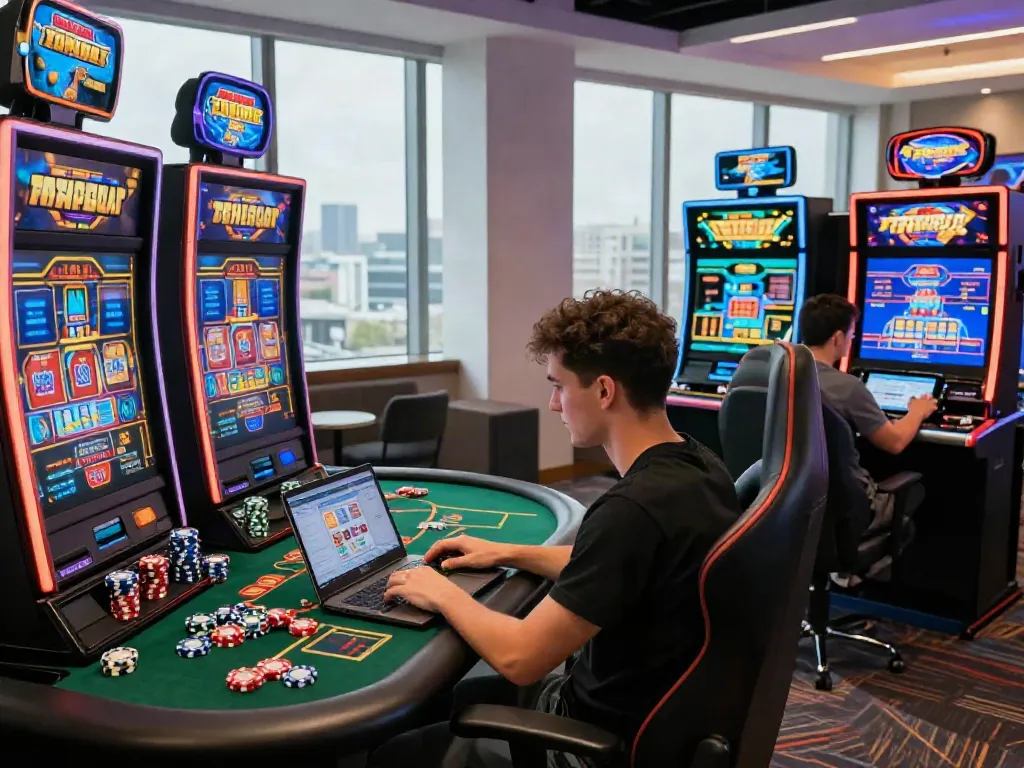 Players engaged in a credit card casino experience at home, showcasing gaming equipment and lively atmosphere.
