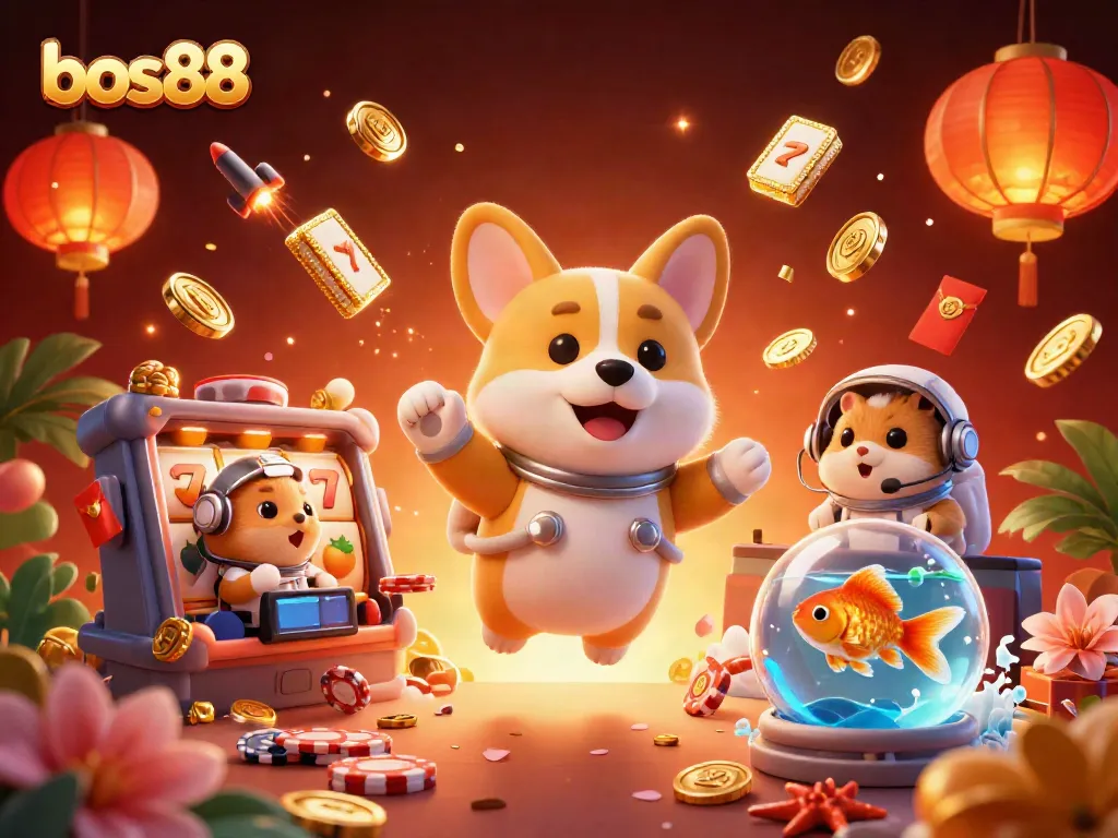 Experience the thrill of bos88 with engaging slot games in a vibrant 3D casino scene.