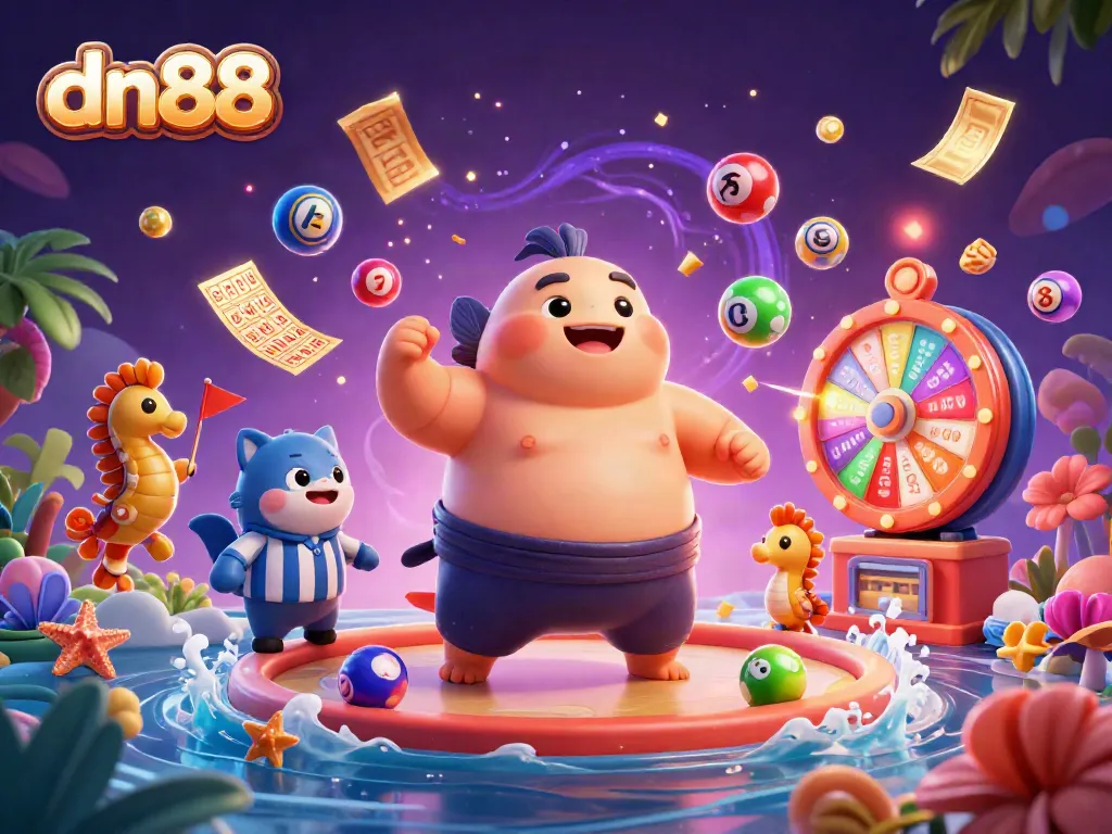 Engage with dn88's exciting games amidst vibrant underwater scenes filled with dynamic lottery and gaming elements.