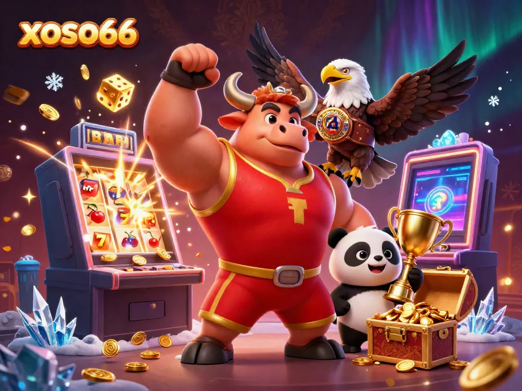 Experience excitement at xoso66 with dynamic casino elements and vibrant characters celebrating a jackpot.