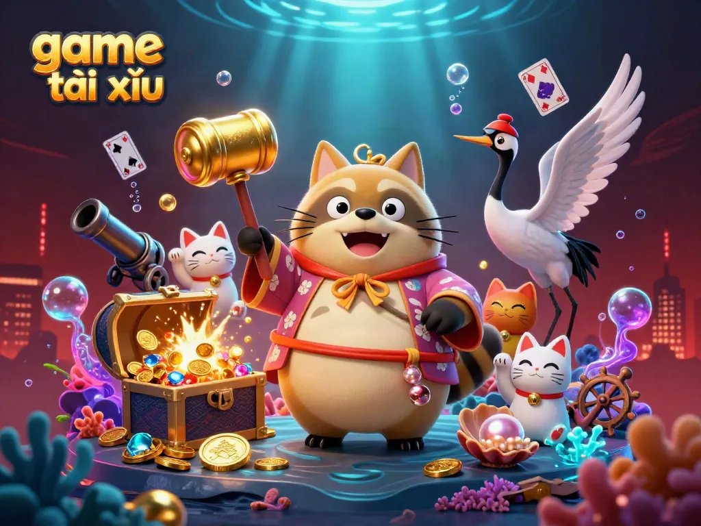 Engaging image depicting game tài xỉu with a cheerful tanuki and samurai crane in a vibrant casino underwater scene.