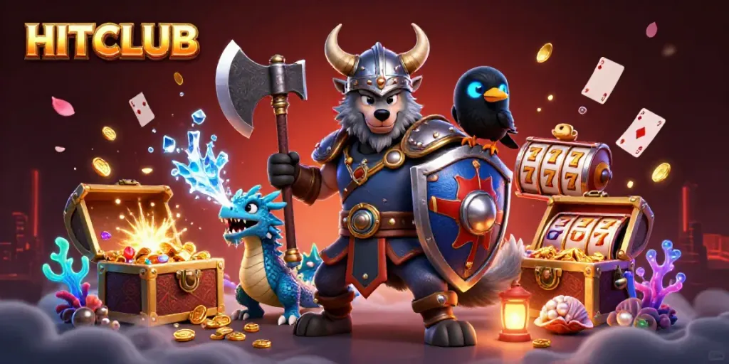 Experience casino excitement at HITCLUB with a 3D Viking wolf warrior, dragon, and vibrant game elements