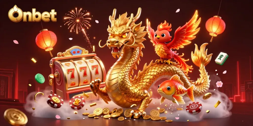 Experience excitement with Onbet's vibrant casino scene featuring golden symbols and dynamic characters.