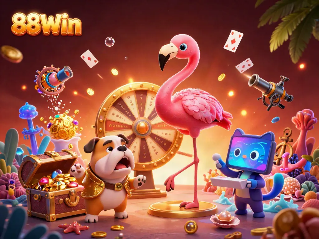 Experience the thrilling energy of 88Win with vibrant casino elements and exciting characters.
