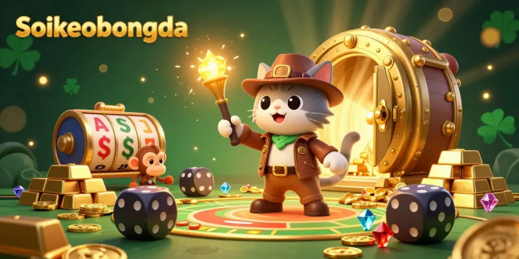 Experience Soikeobongda's thrilling adventure with a cartoon explorer cat discovering casino treasures.