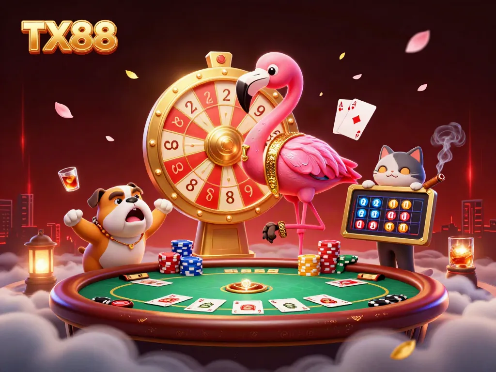 Win big at TX88 with vibrant 3D digital illustration of a game show scene featuring a flamingo host and casino elements.