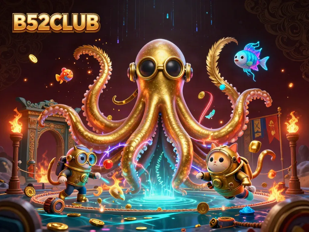 B52CLUB gaming scene with a colossal kraken and a diving cat in action, surrounded by vibrant elements.