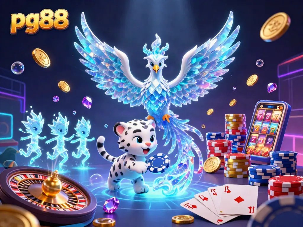 Playing with ice-encased poker chips, the phoenix and leopard embody pg88's thrilling gambling experience.