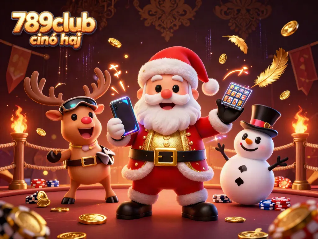 Spin jackpots with 789club chính chủ in this vivid casino scene featuring Santa, his reindeer dealer, and poker chip snowman.