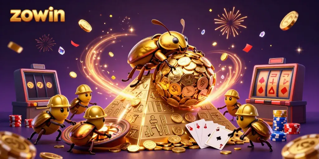 Zowin showcases a vibrant 3D scene of a golden dung beetle amidst a treasure of coins and casino elements, celebrating luck.
