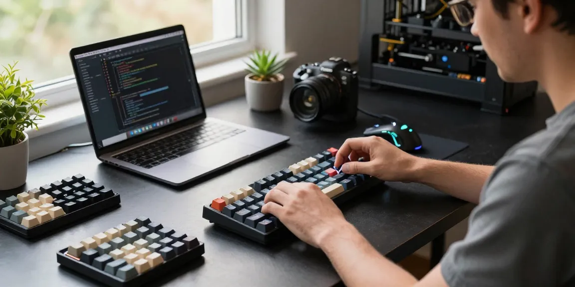 Expert crafting a vibrant 75% keyboard in a modern workspace.