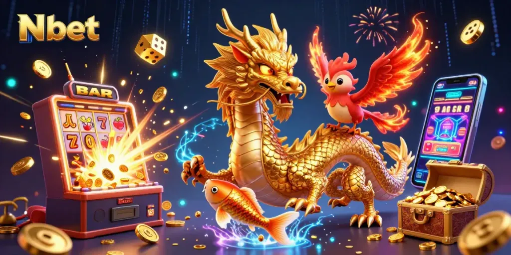 Nbet showcases a vibrant scene with a golden dragon, phoenix, and koi fish amidst exciting casino elements.