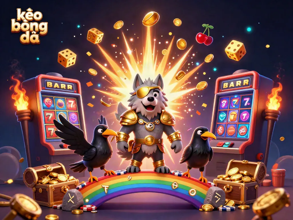 Engage with kèo bóng đá through a vibrant 3D casino scene featuring Odin and his ravens amidst explosive jackpots.