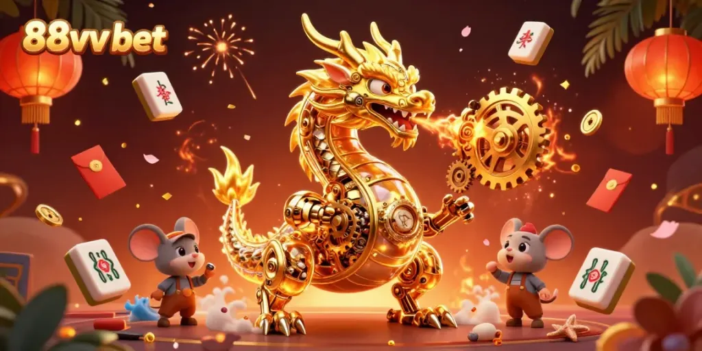 Engage with the excitement of 88vv bet through a dynamic 3D scene featuring a golden dragon and casino elements.