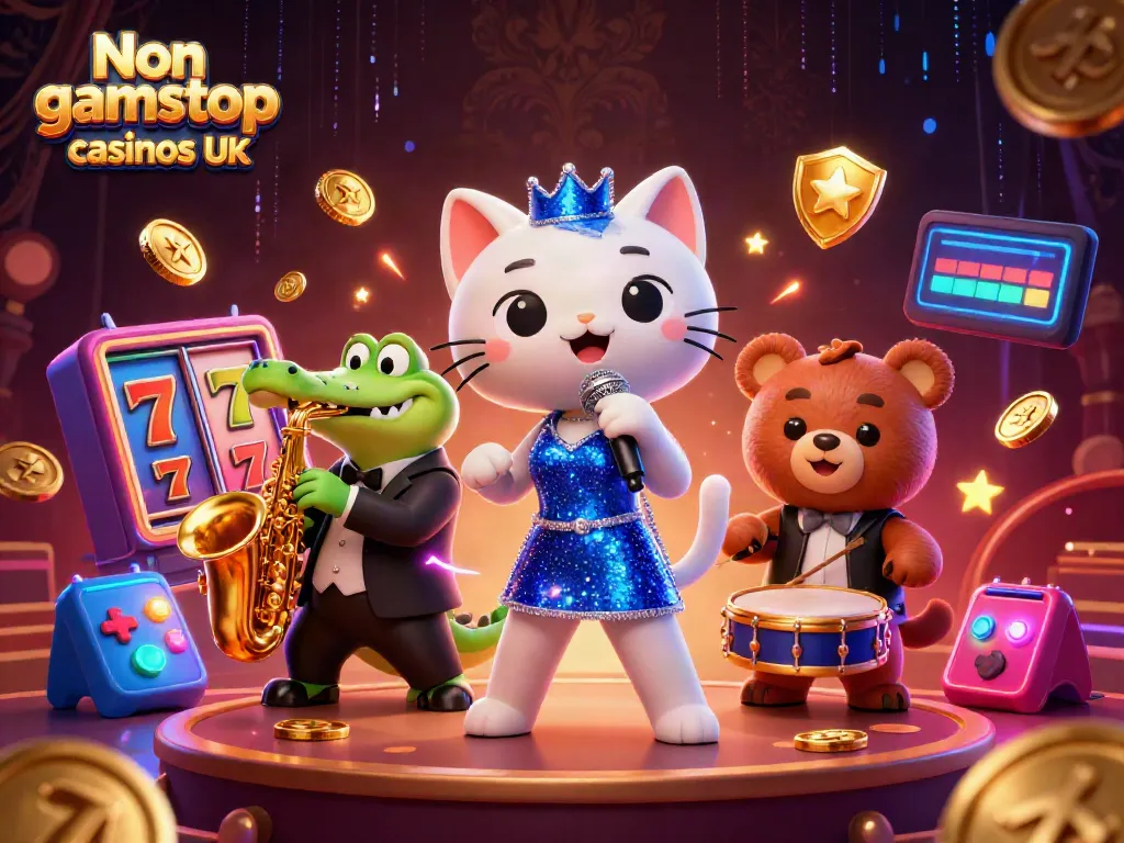 Engage with Non gamstop casinos UK in a lively setting featuring a jazzy cat, croc, and bear.