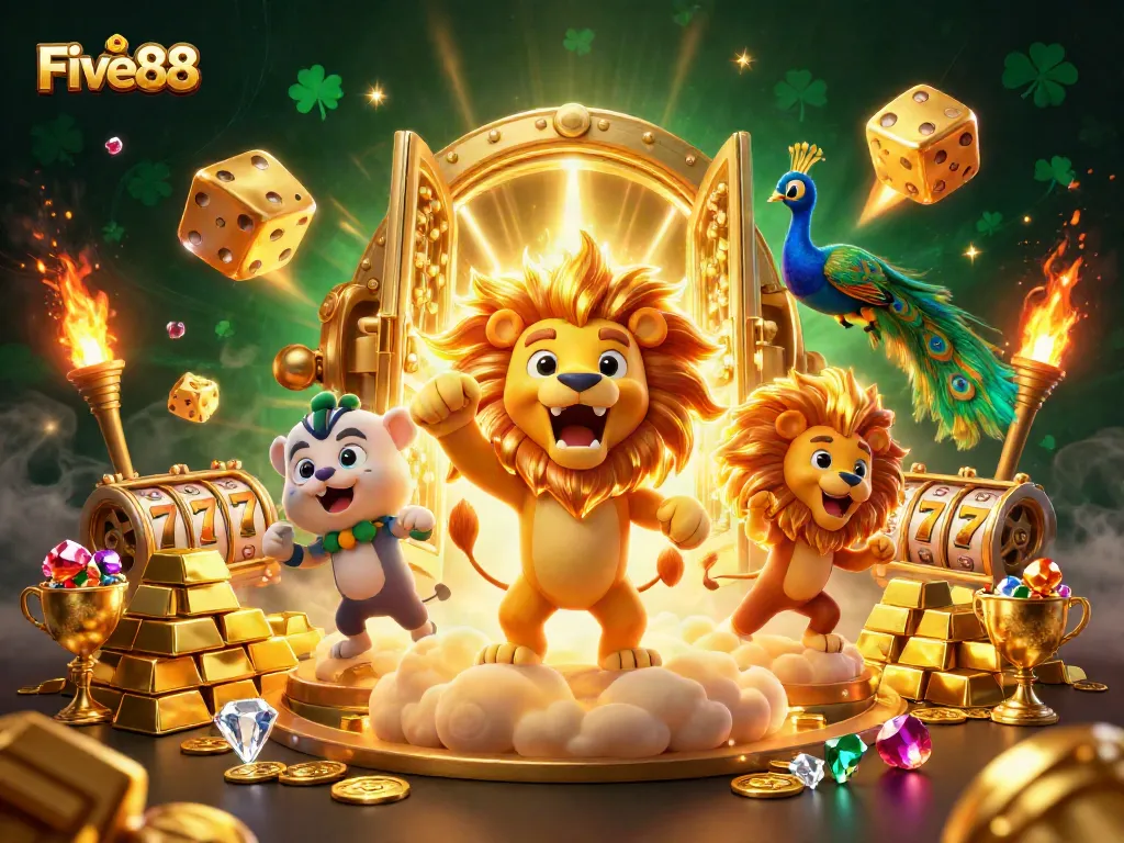 Experience the excitement of Five88 with vibrant characters and dynamic casino elements in a 3D illustration.