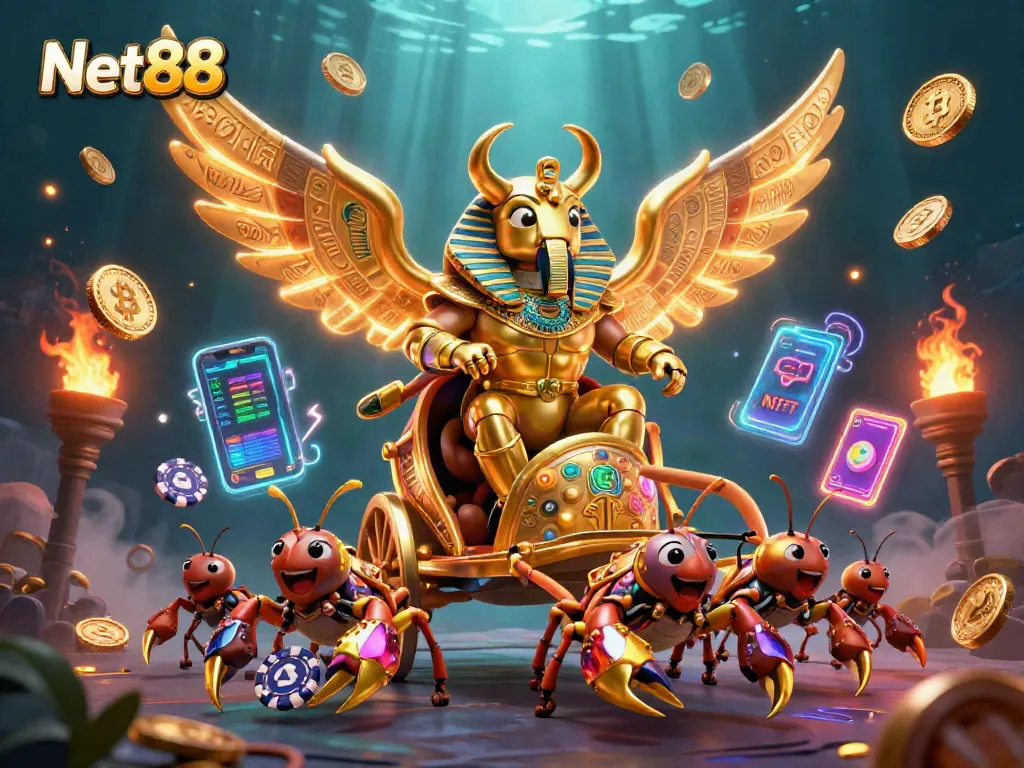Engage with Net88's vibrant gaming scene featuring a colossal golden beetle amidst crypto elements for exciting bets.