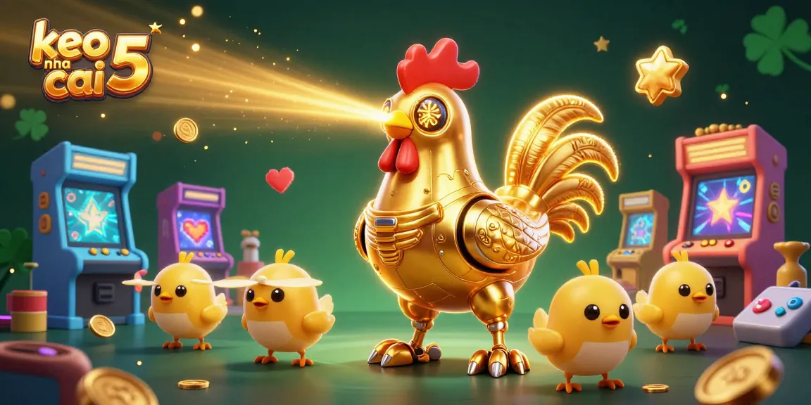Engage with keo nha cai 5, showcasing a vibrant 3D casino scene with golden rooster robot and arcade elements.
