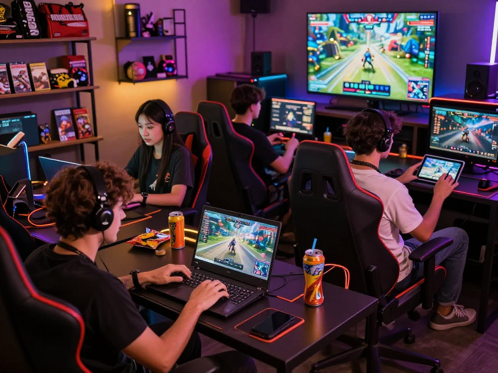 Gamers enjoying sex games in a vibrant lounge full of energy and excitement.