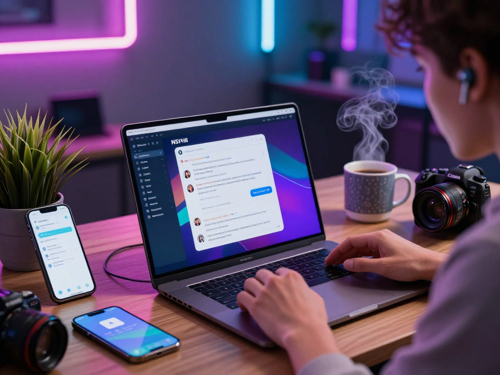 Engaging in an nsfw ai chat on a sleek laptop in a modern tech workspace.