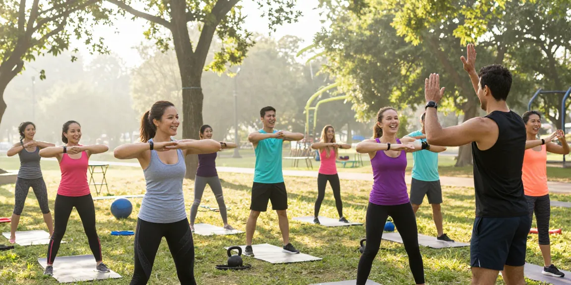 Group workout session with people using health trackers in a sunny park