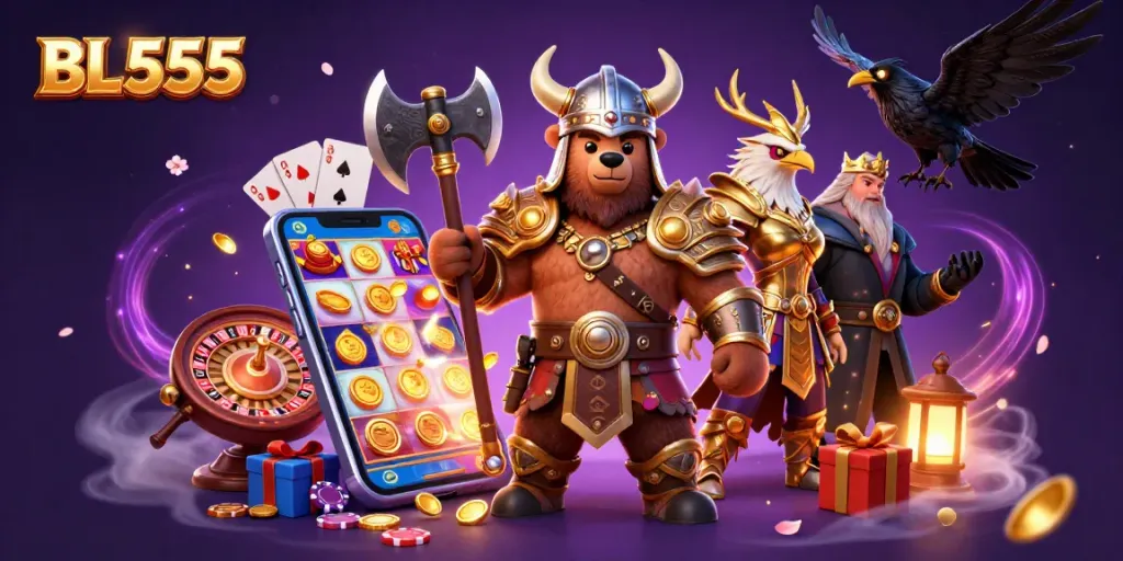 Experience exciting gameplay at BL555 with a Viking berserker and Valkyrie eagle amidst vibrant slot games.