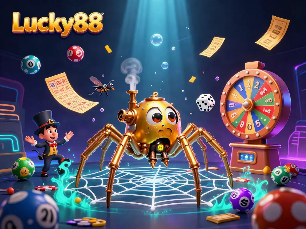 Engage with Lucky88's vibrant casino world, featuring steampunk spider and fly gentleman amidst a dynamic gaming scene.