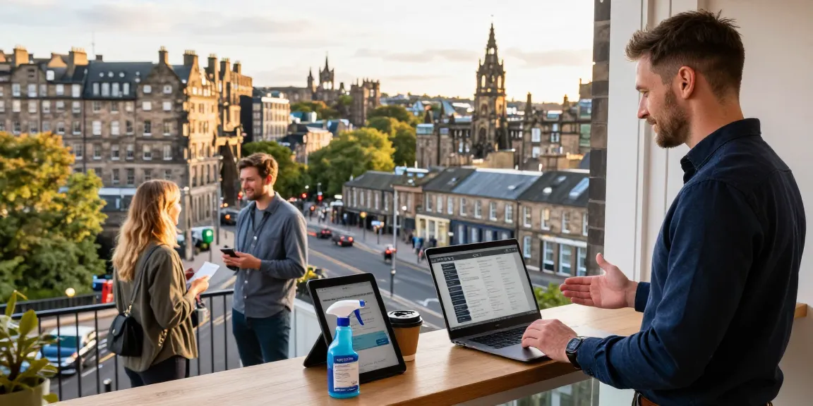 Houst Edinburgh professional managing an Airbnb property amidst Edinburgh's vibrant cityscape.