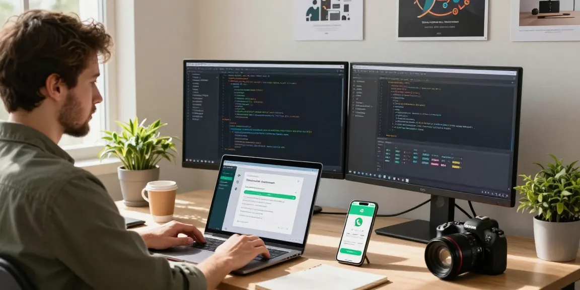 Developer enhancing WhatsApp下載 experience in a bright home office.