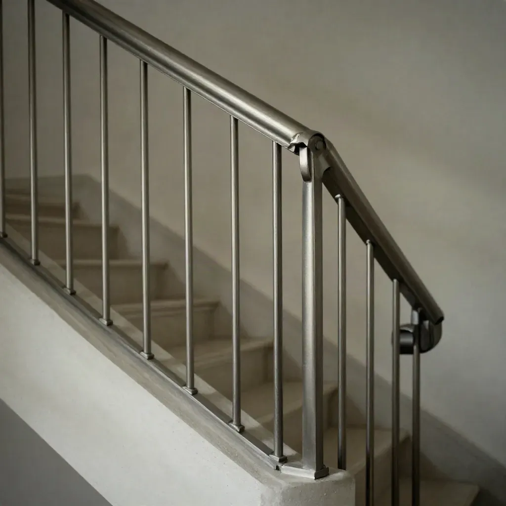 Brushed-steel handrail turning up a white concrete stairwell in soft daylight.