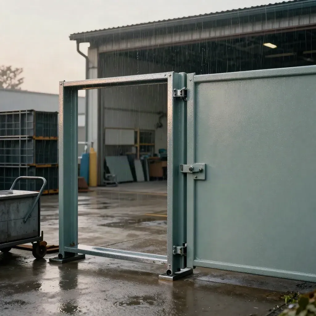 Steel entrance frame and gate in a wet workshop yard with morning mist.