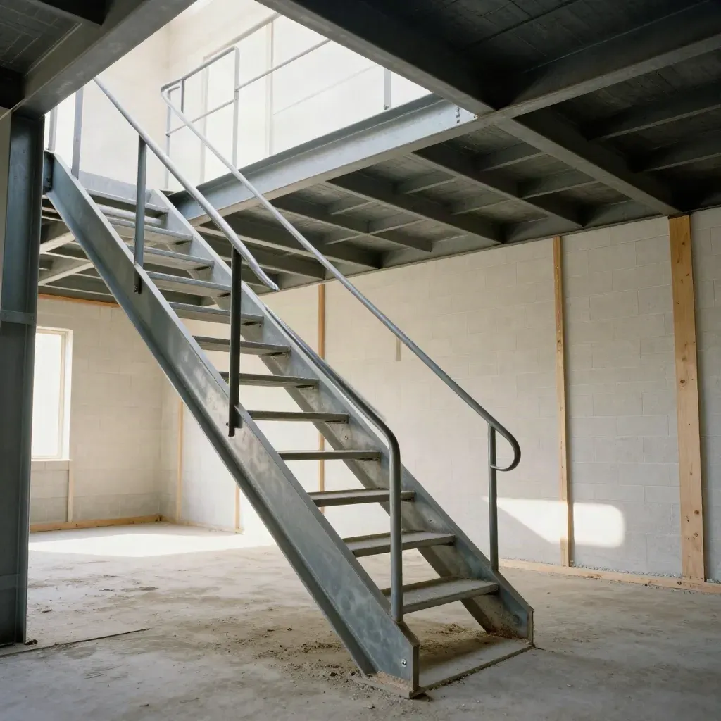Steel staircase and mezzanine frame inside an unfinished shell build, viewed from low angle