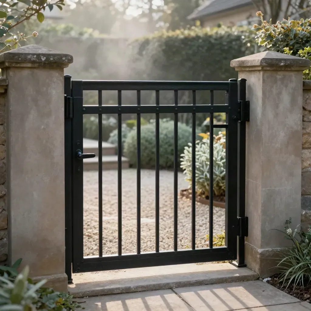Finished black garden gate between rendered piers, gravel and clipped planting in soft mist.
