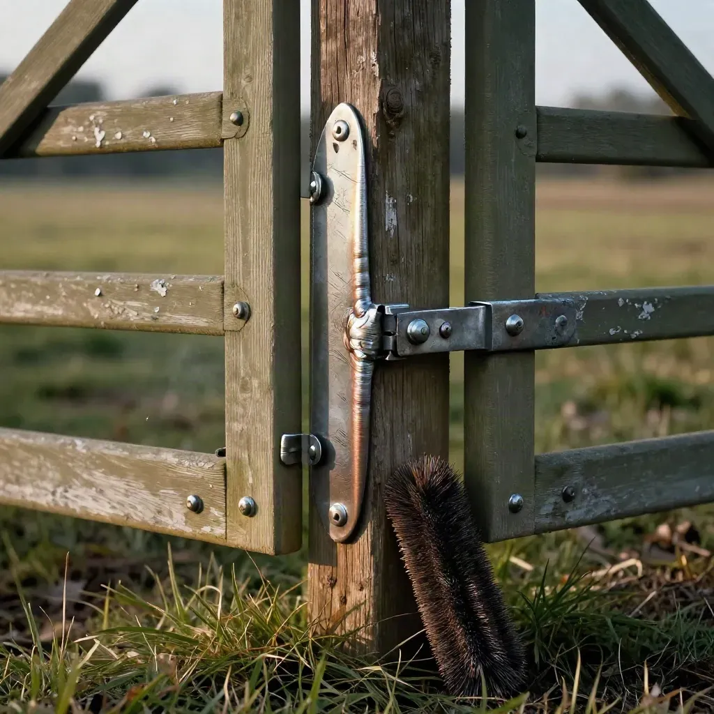 Repaired farm-gate hinge with fresh welds, wire brush, and damp pasture light
