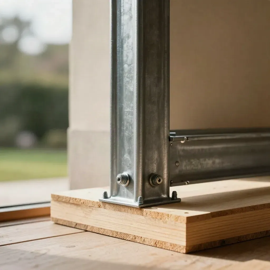 Low-angle steel rear extension frame with joists and garden light beyond