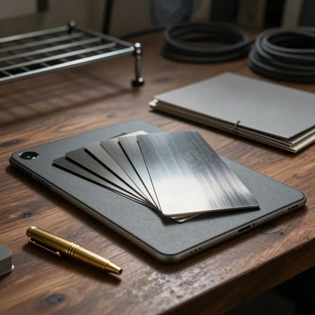 Closed tablet, steel swatches, project folder and brass cap on a walnut fabrication bench.