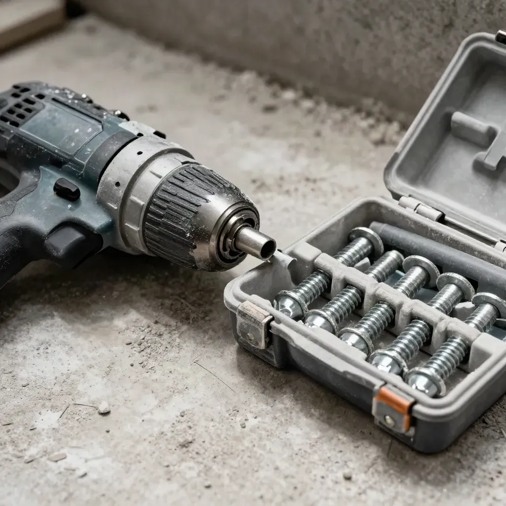 Impact driver, resin cartridge, anchor bolts and dusty fixings case on concrete, top-down close-up.