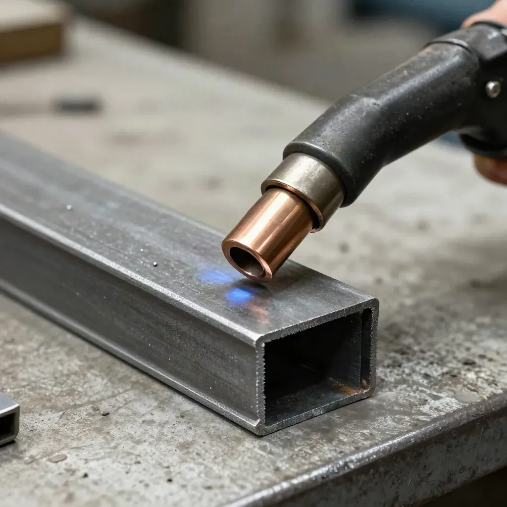 MIG torch and copper tips beside cut steel offcuts on a scarred weld bench