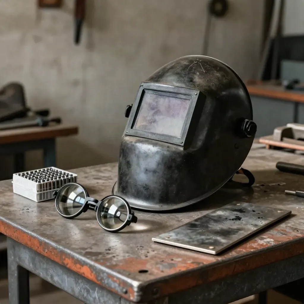 Welding helmet, visor lenses, electrode pack and test plate on a scarred bench in soft daylight.